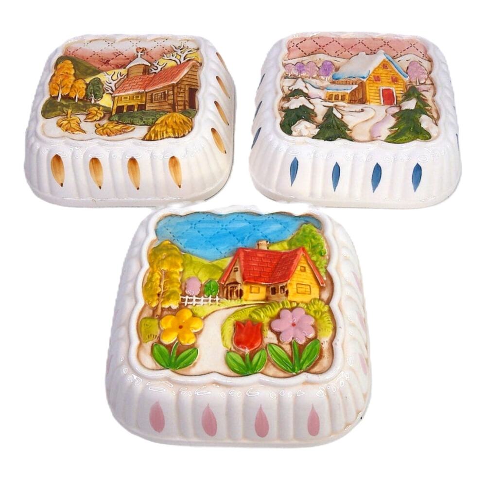 Vintage Himark Japan Ceramic Kitchen Wall Molds Plaques Seasonal Scenes Set 3